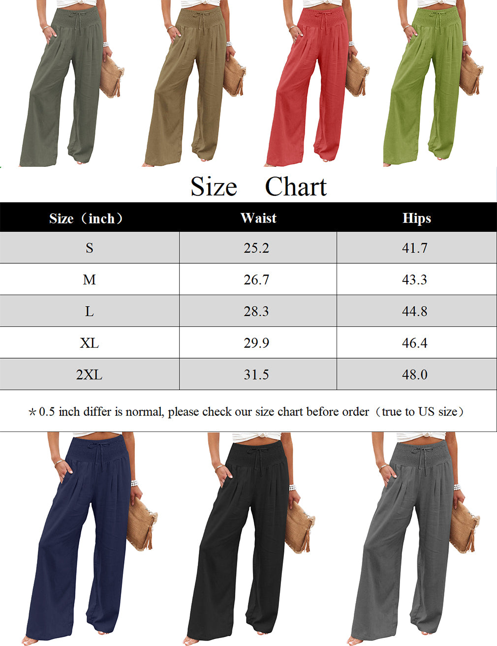 Womens Linen Pants Casual Lightweight Drawstring Elastic Waist Wide Leg Pants