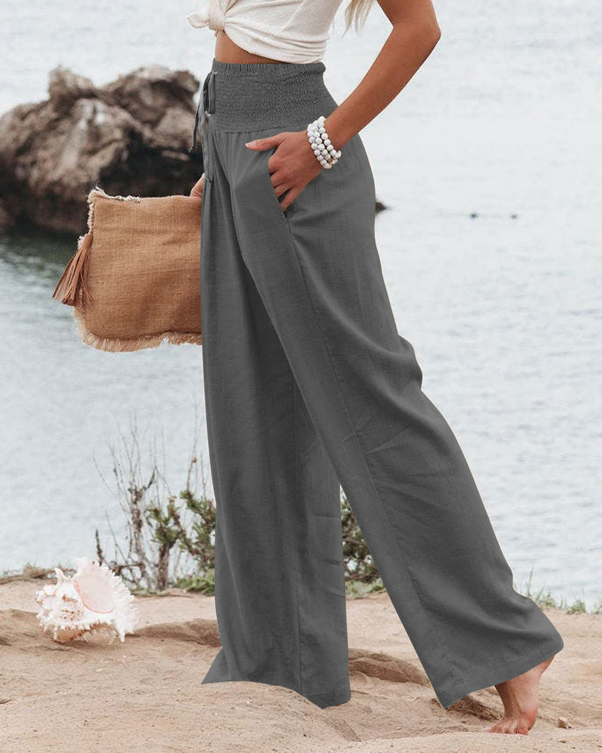 Womens Linen Pants Casual Lightweight Drawstring Elastic Waist Wide Leg Pants