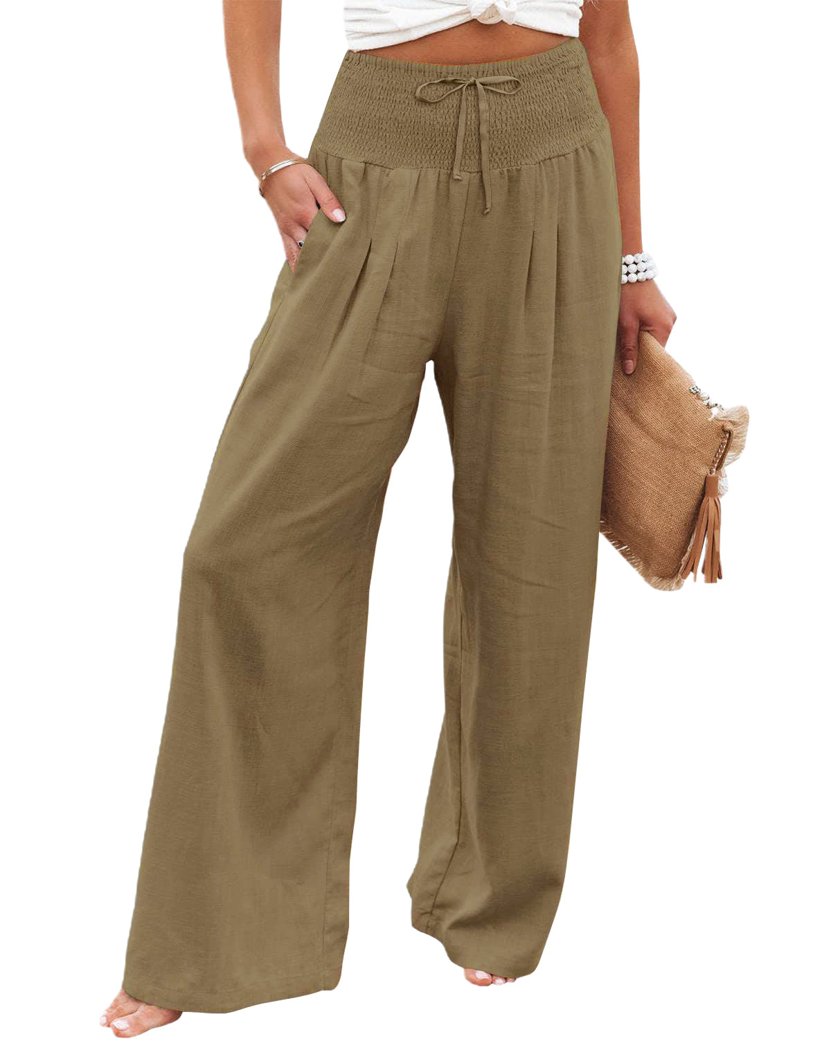 Womens Linen Pants Casual Lightweight Drawstring Elastic Waist Wide Leg Pants