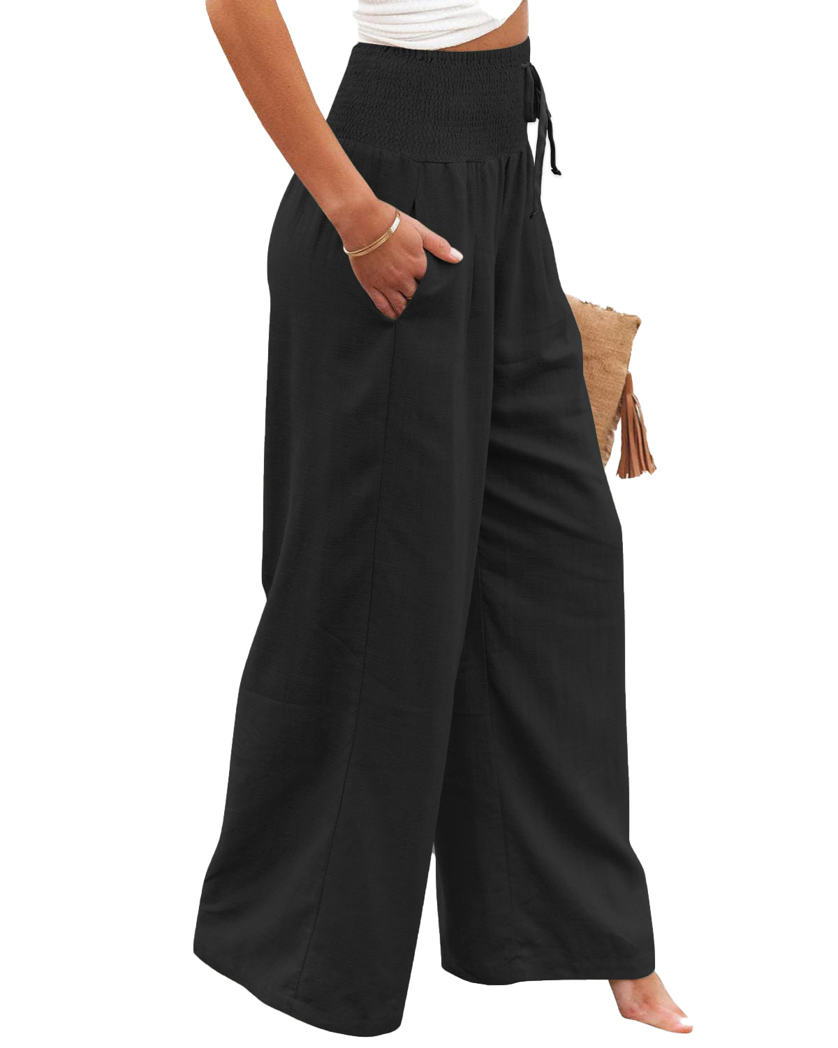 Womens Linen Pants Casual Lightweight Drawstring Elastic Waist Wide Leg Pants