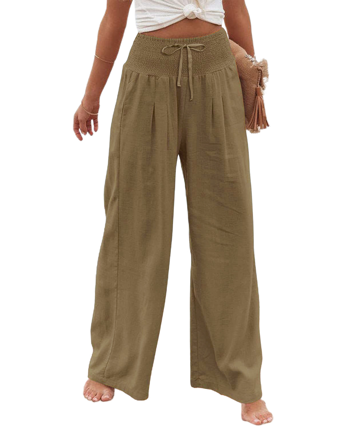 Womens Linen Pants Casual Lightweight Drawstring Elastic Waist Wide Leg Pants