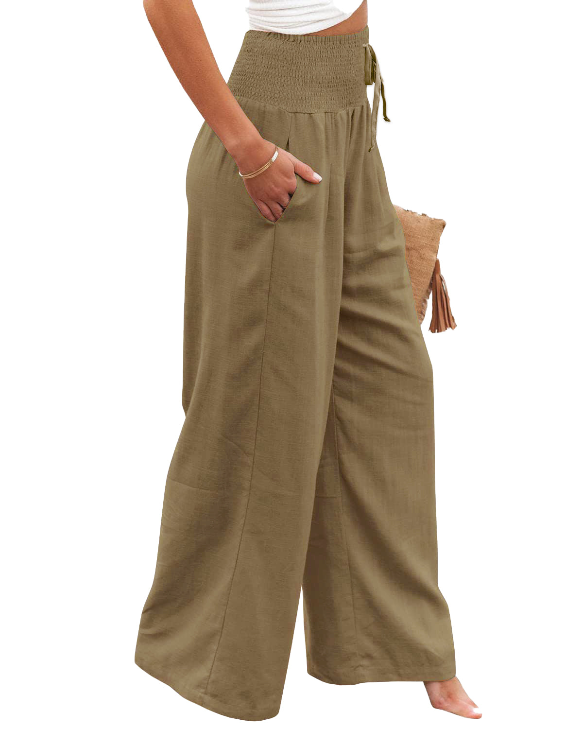 Womens Linen Pants Casual Lightweight Drawstring Elastic Waist Wide Leg Pants