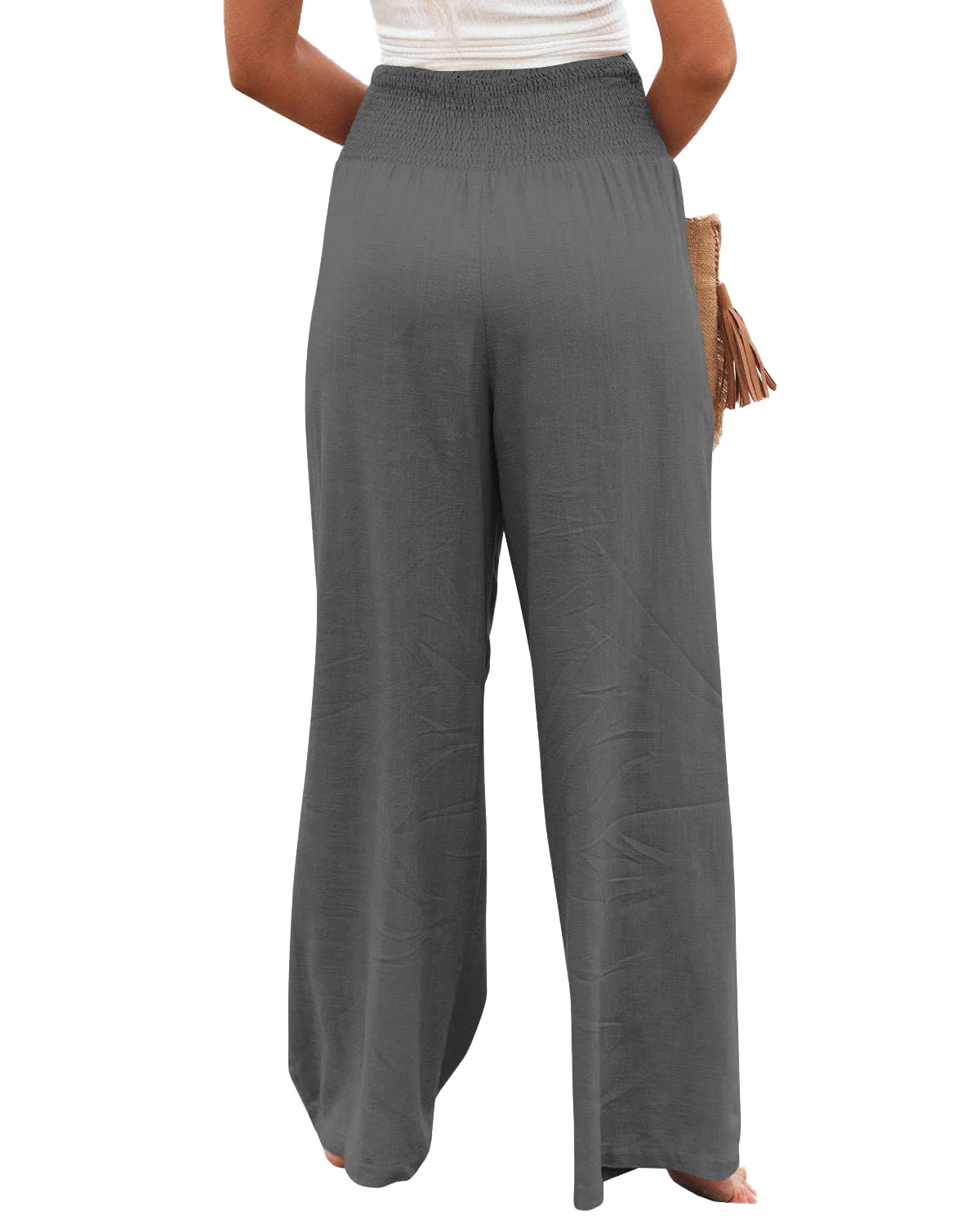 Womens Linen Pants Casual Lightweight Drawstring Elastic Waist Wide Leg Pants